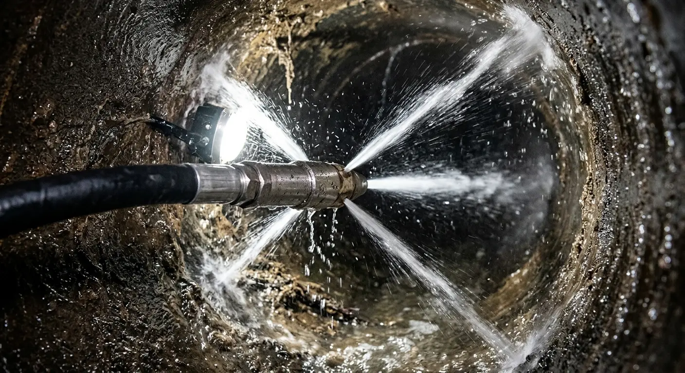 High-pressure hydro jetting nozzle cleaning sewer pipe for Emergency Drain Service in Oakmont