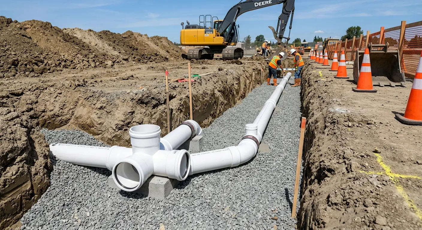 New PVC sewer pipe installation in open trench for Sewer Backup in Oakmont