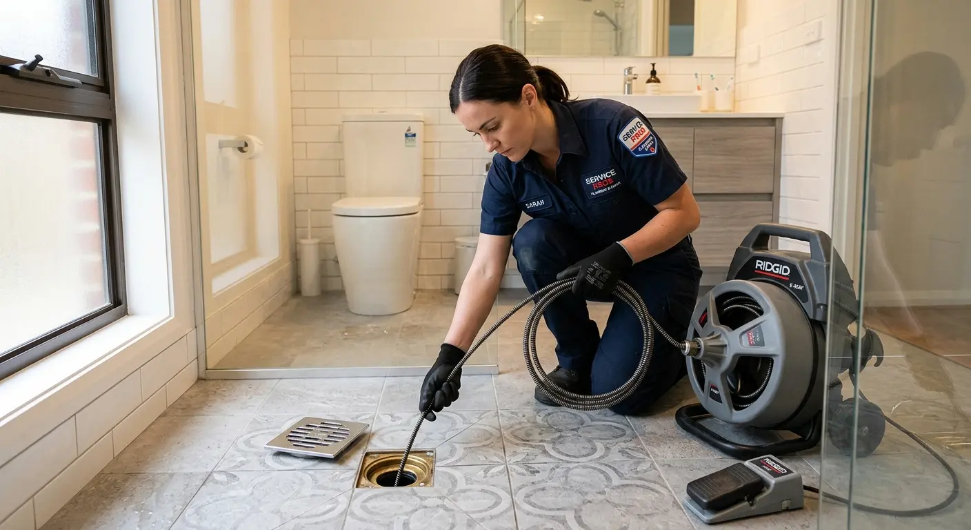 Technician clearing a bathroom floor drain for Drain Repair in Oakmont